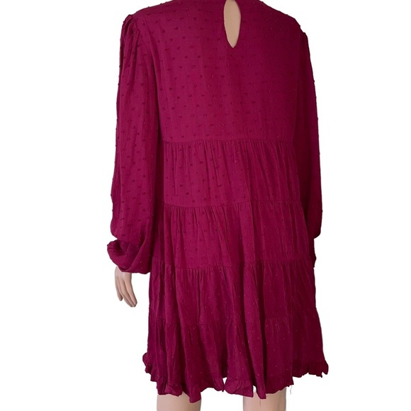 Mi Amore Dress swiss dot long puff sleeve tiered lined elastic waist SZ SM wine - Picture 7 of 12